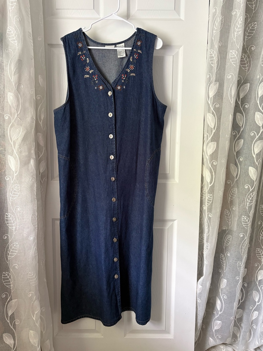 Vintage White Stag Denim Button up midi Dress Embroidered Neckline size XL